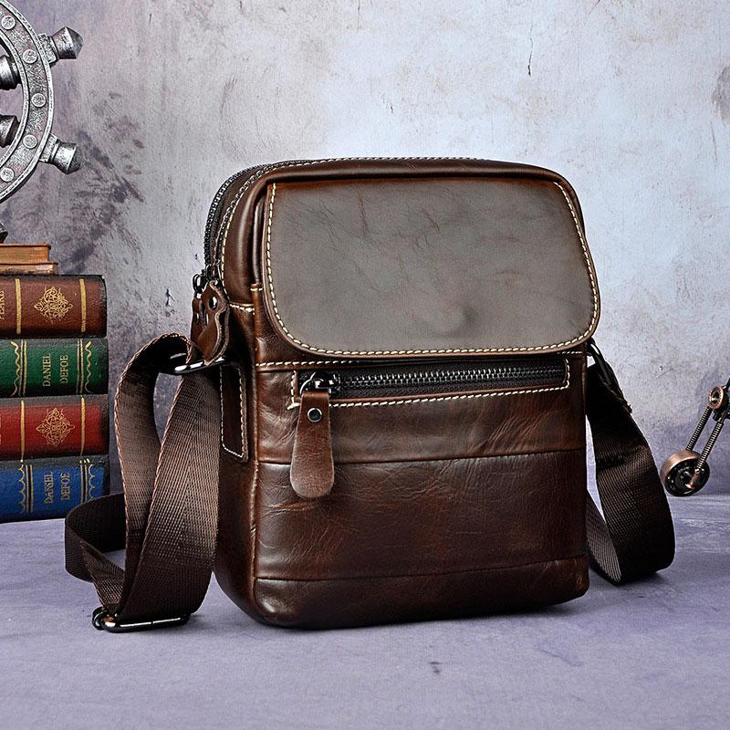 Cool Small Coffee Leather Mens Side Bag Messenger Bag Shoulder Bag for Men - imessengerbags
