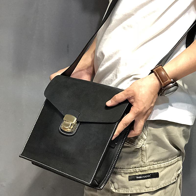 Business Black Leather Mens 10 inches Square Side Bag Messenger Bag Tan Postman Bag Courier Bag for Men - imessengerbags