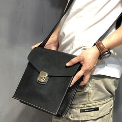 Business Black Leather Mens 10 inches Square Side Bag Messenger Bag Tan Postman Bag Courier Bag for Men