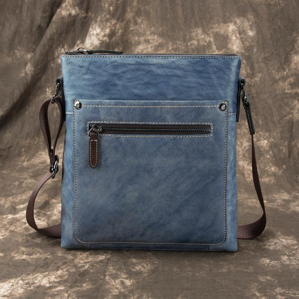 Cool Leather Men's 10 inches Brown Vertical Messenger Bag Blue Courier Bag Side Bag For Men