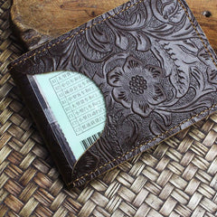 Handmade Leather Floral Mens License Wallets Cool Short Wallet Card Holder Small Card Slim Wallets for Men