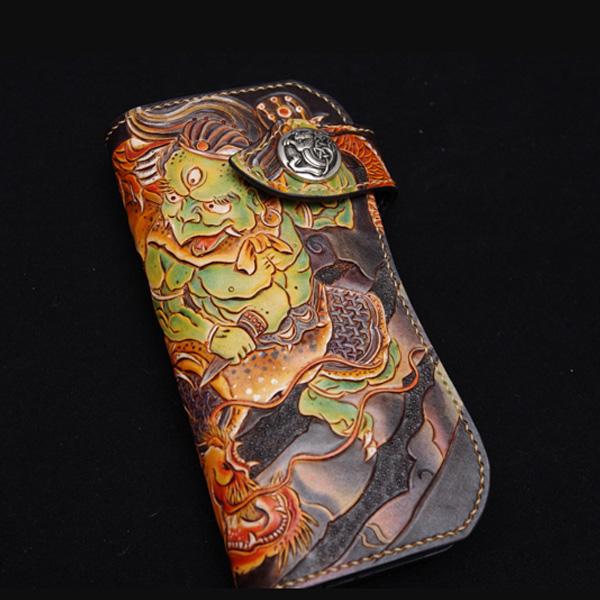 Handmade Leather Tooled Thunder God Mens Chain Biker Wallet Cool Leather Wallet With Chain Wallets for Men - imessengerbags