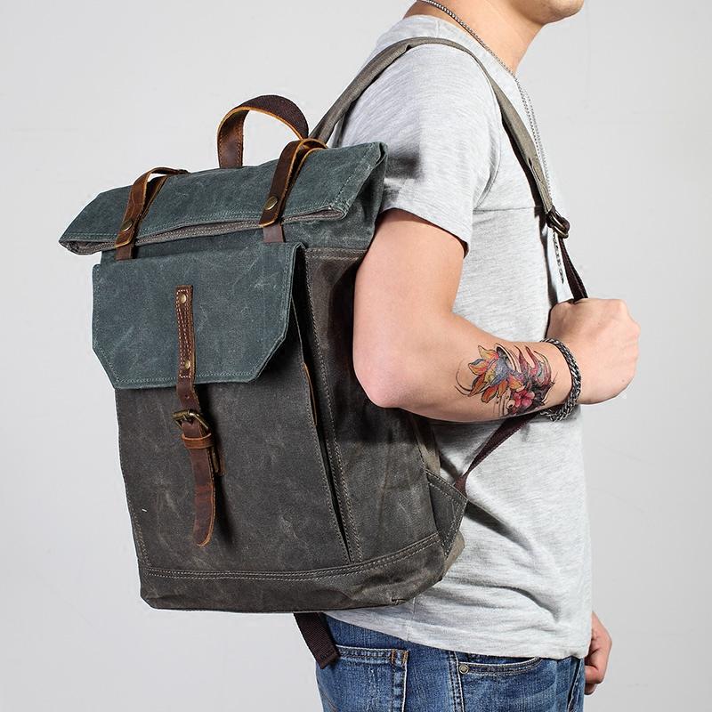 Casual Waxed Canvas Green Men's Travel School Backpack Laptop Backpack For Men - imessengerbags