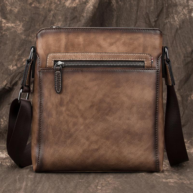 Cool Brown Leather Men's 10 inches Vertical Side Bag Blue Business Messenger Bag Courier Bag For Men