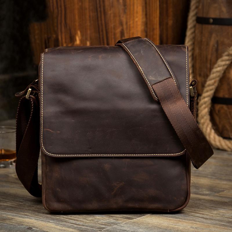 Dark Brown Cool Leather 10 inches Small Vertical Side Bags Messenger Bags Courier Bag for Men