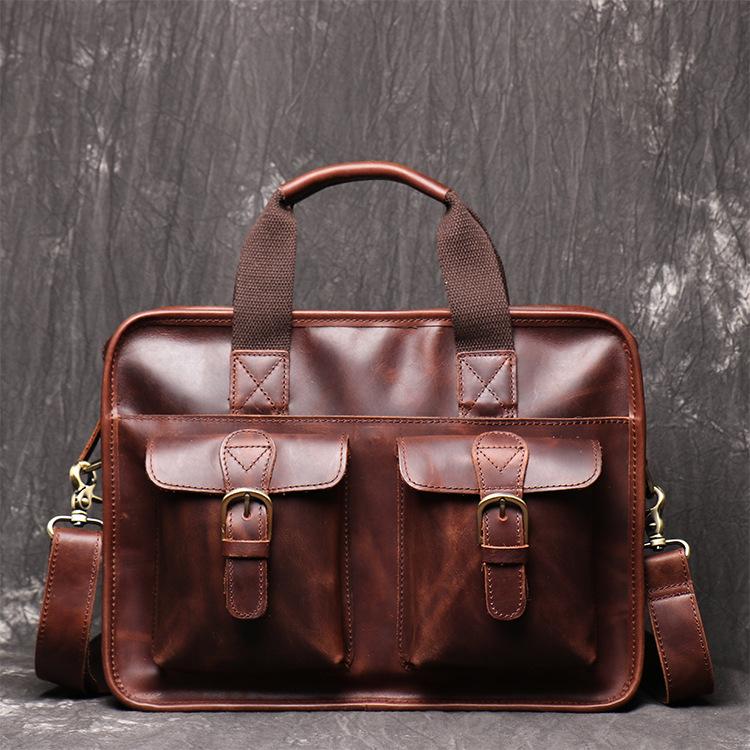 Red Brown Leather Mens 14 inches Large Laptop Work Bag Handbag Briefcase Shoulder Bags Business Bags For Men