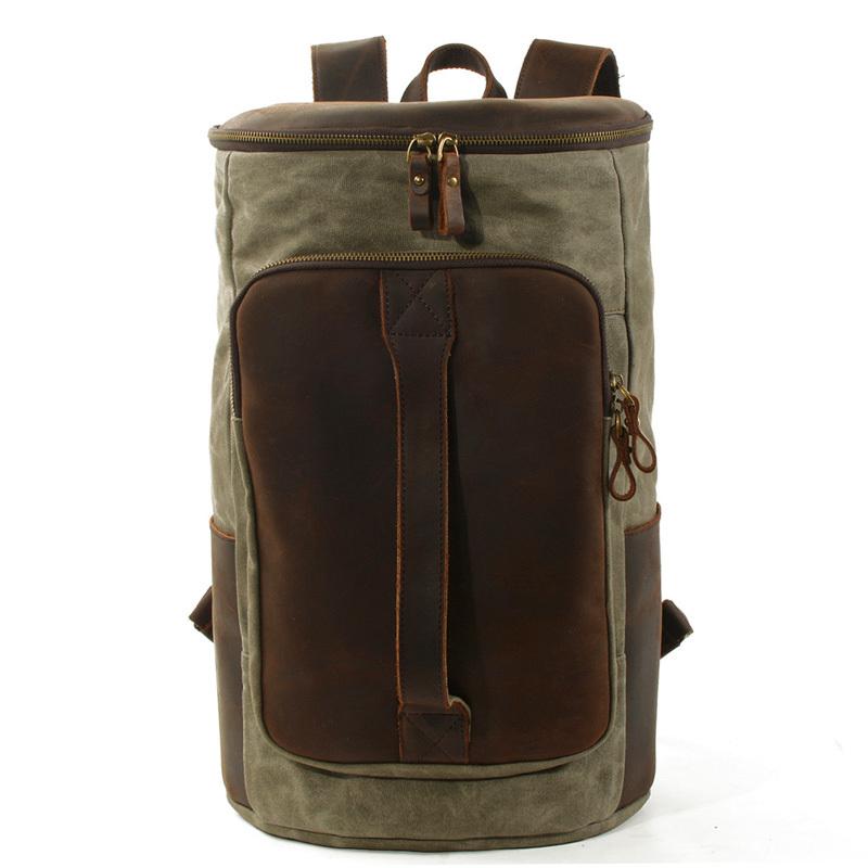 Cool Waxed Canvas Black Leather Mens 15.6‘’ Barrel Green Backpack Travel Backpack Hiking Backpack for Men - imessengerbags