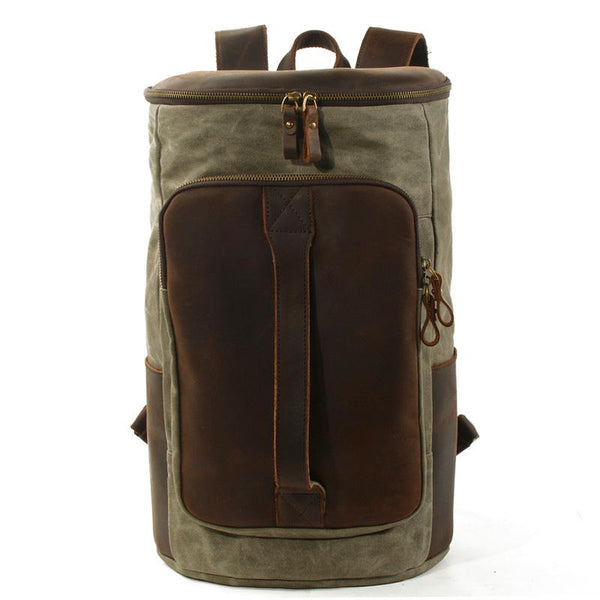 Cool Waxed Canvas Black Leather Mens 15.6‘’ Barrel Green Backpack Travel Backpack Hiking Backpack for Men - imessengerbags