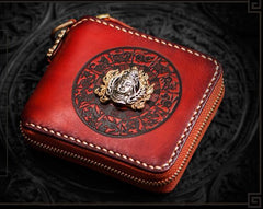 Handmade Leather Small Tooled Mens billfold Wallet Cool Chain Wallet Biker Wallet for Men