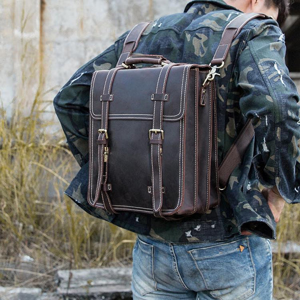 Dark Brown Fashion Mens Leather 13-inch Computer Backpacks Travel Backpacks Brown School Backpack for men - imessengerbags