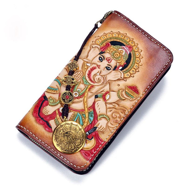 Handmade Leather Ganesha Mens Chain Biker Wallet Cool Leather Wallet With Chain Wallets for Men - imessengerbags