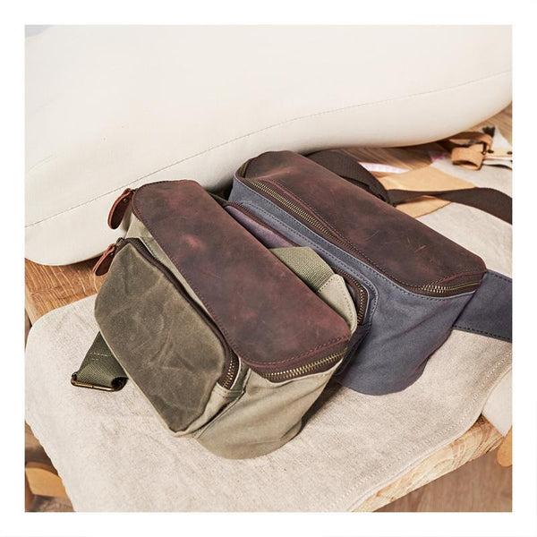 Vintage Canvas Green Leather Mens Fanny Pack Canvas Waist Bags Canvas Hip Pack for Men