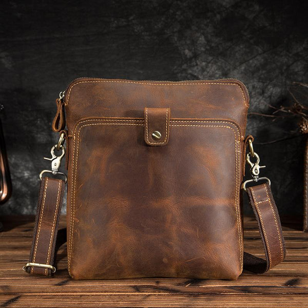 Vintage Brown Leather Men's Small Vertical Messenger Bag Side Bags Courier Bag For Men