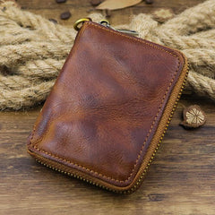 Brown Men Leather Zip Billfold Small Chain Wallet with Coin Pocket Biker Bifold Chain Wallet for Men - imessengerbags