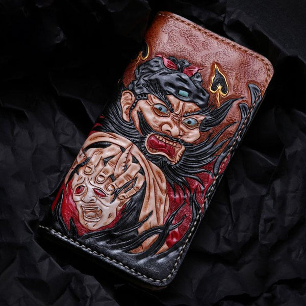 Handmade Leather Mens Clutch Wallet Cool Zhong Kui Tooled Wallet Long Zipper Wallets for Men - imessengerbags