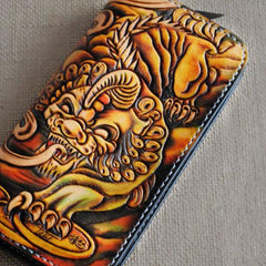 Handmade Tooled Brave Troops Leather Mens Cool Long Leather Wallet Zipper Clutch Wallet for Men