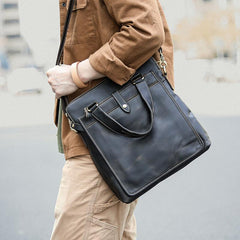 Vintage Black Mens Leather Vertical Briefcases Work Handbag Brown 10'' Computer Briefcases For Men - imessengerbags
