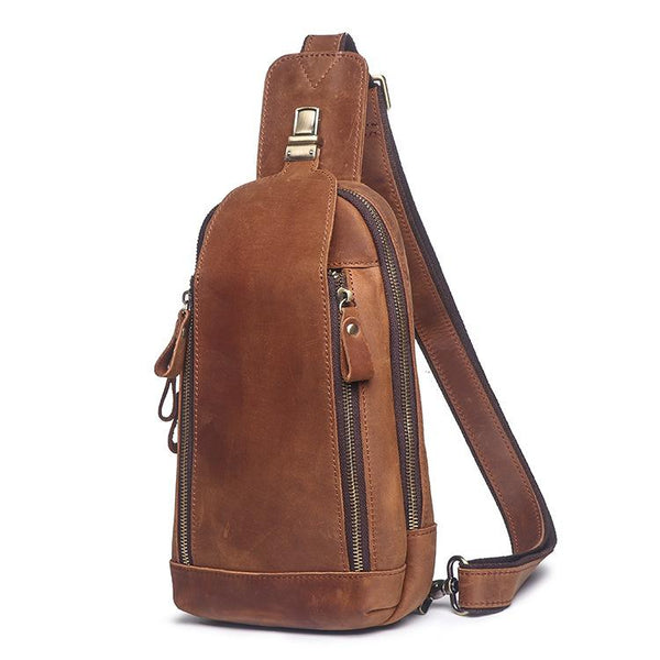 Cool Brown Leather Men's Sling Bag Chest Bag One-Shoulder Backpack For Men - imessengerbags
