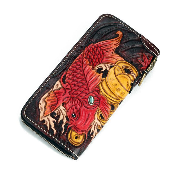 Handmade Leather Carp Mens Chain Biker Wallet Cool Leather Wallet Long Phone Wallets for Men - imessengerbags