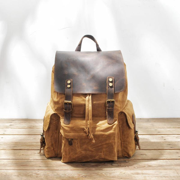 Cool Canvas Leather Mens Waterproof 14'' Computer Backpack Large Hiking Backpack Travel Backpack for Men - imessengerbags