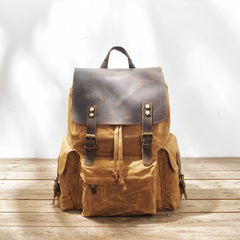 Cool Canvas Leather Mens Waterproof 14'' Computer Backpack Large Hiking Backpack Travel Backpack for Men - imessengerbags