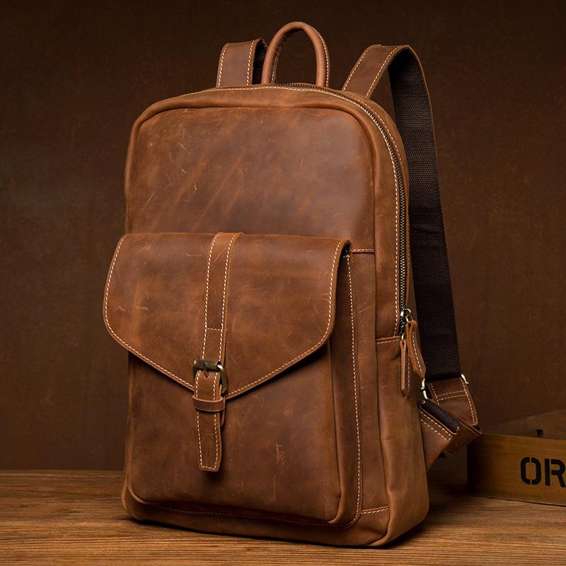 Casual Brown Large Leather Mens 15 inches Travel Backpack Computer Backpack School Backpack for Men - imessengerbags