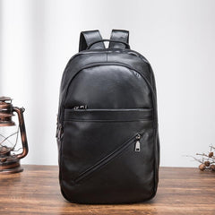 Black Cool Mens Leather College Backpack Laptop Backpack Black Travel Backpack for Men - imessengerbags