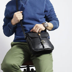 Casual Black Leather Mens Cool Square Side Bag Messenger Bag Vertical Brown Small Postman Courier Bag for Men - imessengerbags