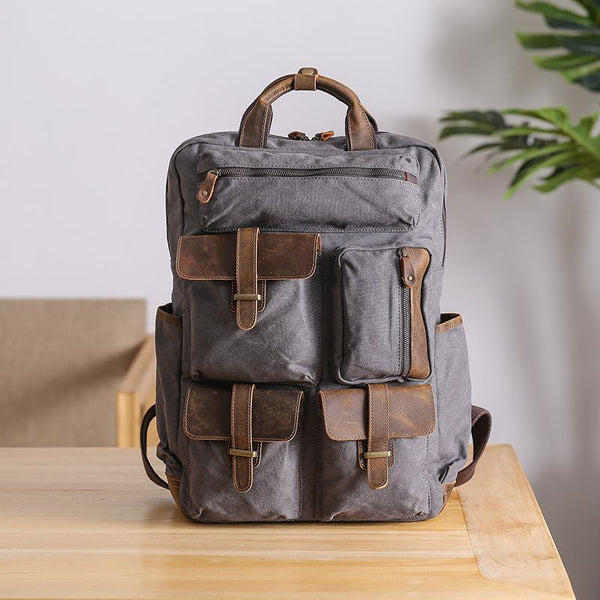 Cool Waxed Canvas Leather Mens Waterproof 15'' Backpack Gray Travel Backpack Hiking Backpack for Men - imessengerbags