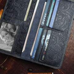 Handmade Leather Floral Mens Cool Travel Long Wallet Card Holder Card Slim Clutch Wallets for Men - imessengerbags