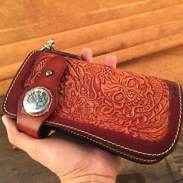 Handmade Leather Tooled Skull Mens Chain Biker Wallet Cool Leather Wallet Long Wallet for Men - imessengerbags