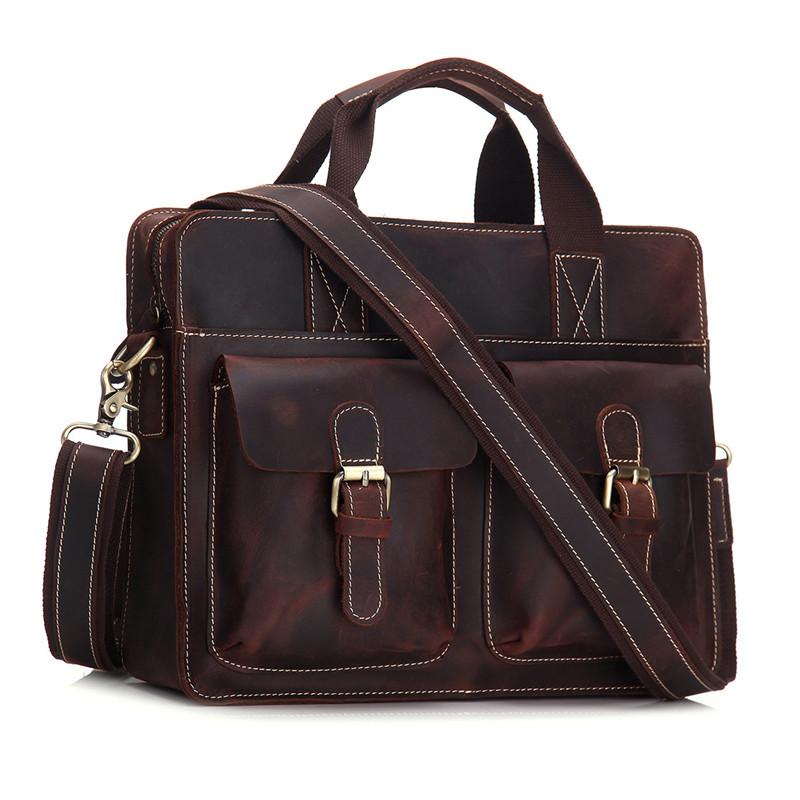 Vintage Mens Leather 14inch Laptop Briefcase Handbag Work Bag Business Bag Shoulder Bag For Men - imessengerbags