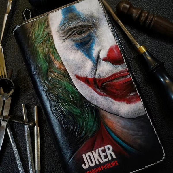 Badass Black Leather Men's Joker Long Biker Wallet Handmade Tooled Zipper Long Wallets For Men
