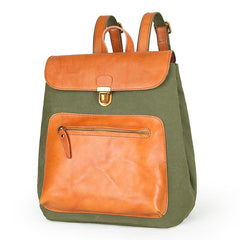 Canvas Leather Mens Women Student Backpack Army Green Travel Backpack Caramel College Backpack for Men - imessengerbags