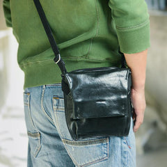 Cool Black Wrinkled Leather Men Vertical Square Side Bags Black Messenger Bag Courier Bag For Men - imessengerbags