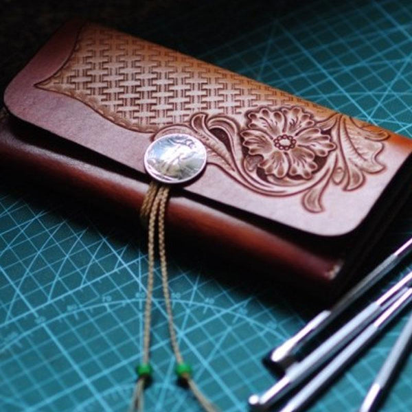 Handmade Leather Vintage Tooled Floral Mens Long Wallet Cool Long Wallet for Men - imessengerbags