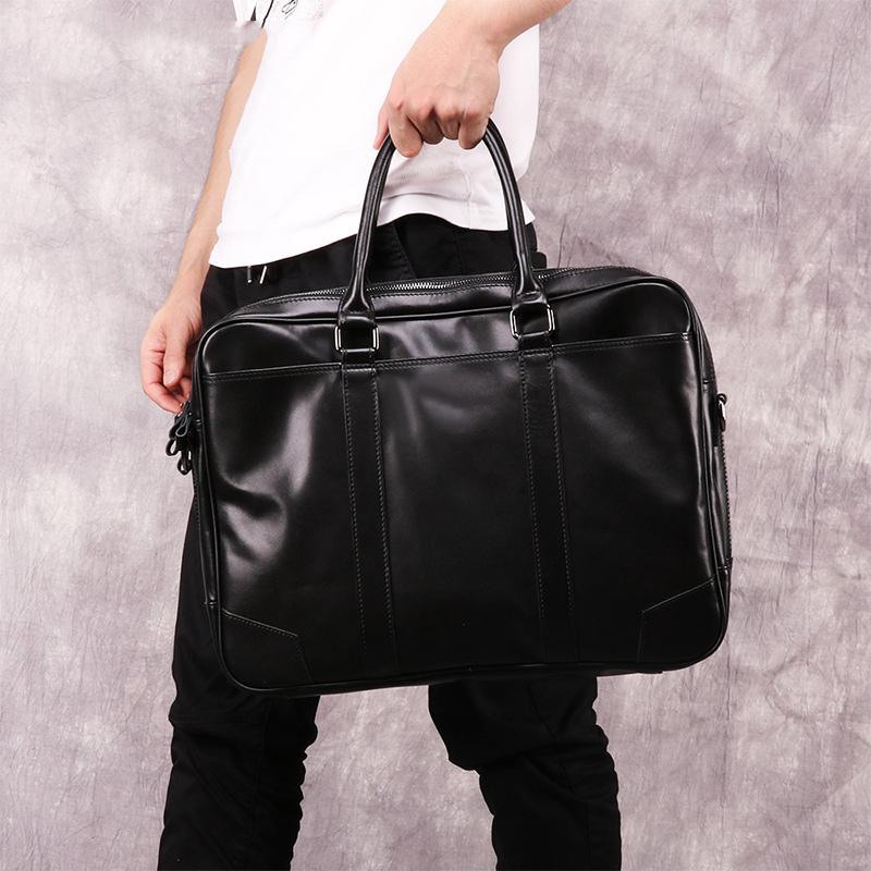 Black Leather Mens 15.6 inches Laptop Work Bag Handbag Briefcase Black Shoulder Bag Business Bags For Men