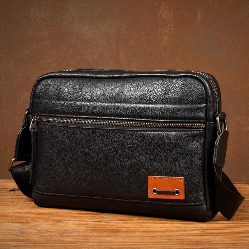 Fashion Black Mens Leather 10 inches Mens Small Messenger Bag Brown Courier Bag Postman Bag for Men