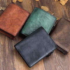 Handmade Mens Cool billfold Leather Wallet Men Small Zipper Wallets Bifold for Men