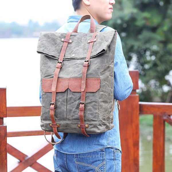 Waxed Canvas Leather Mens 15‘’ Green Waterproof Backpack Khaki Travel Backpack Hiking Backpack for Men - imessengerbags
