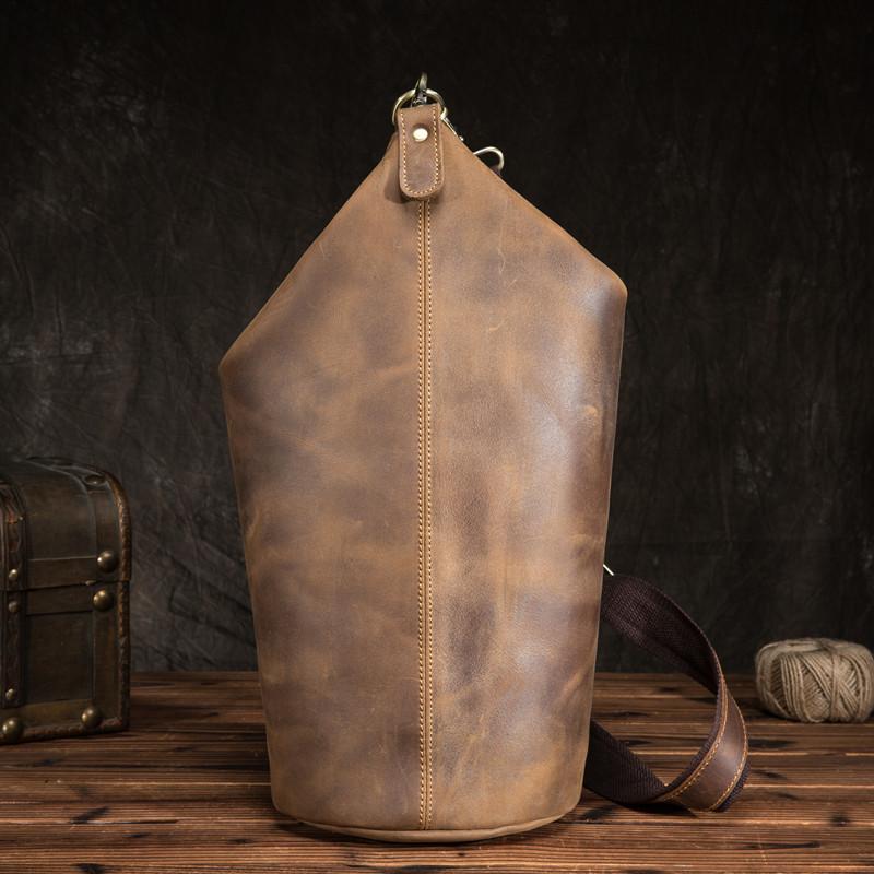 Cool Mens Leather Barrel Chest Bags Bucket Sling Bag One Shoulder Backpack For Men