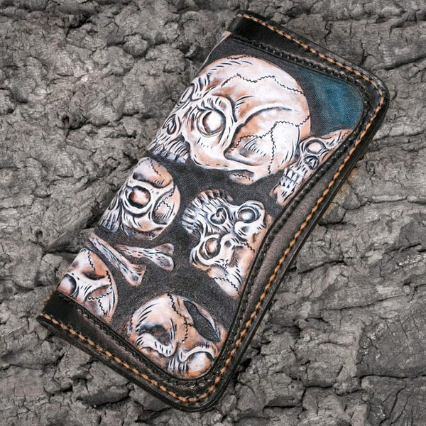 Handmade Leather Men Tooled Skull Halley Cool Leather Wallet Long Phone Wallets for Men - imessengerbags