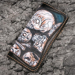 Handmade Leather Men Tooled Skull Halley Cool Leather Wallet Long Phone Wallets for Men