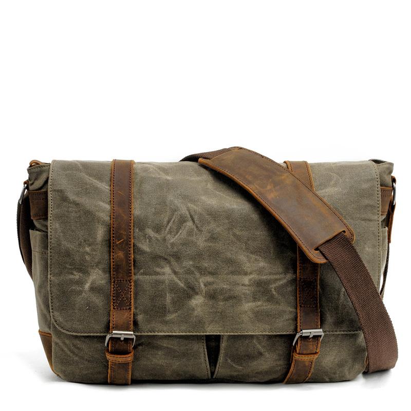 Green Waxed Canvas Messenger Bag 14 Laptop Messenger Bags for Men Waterproof Messenger Bag
