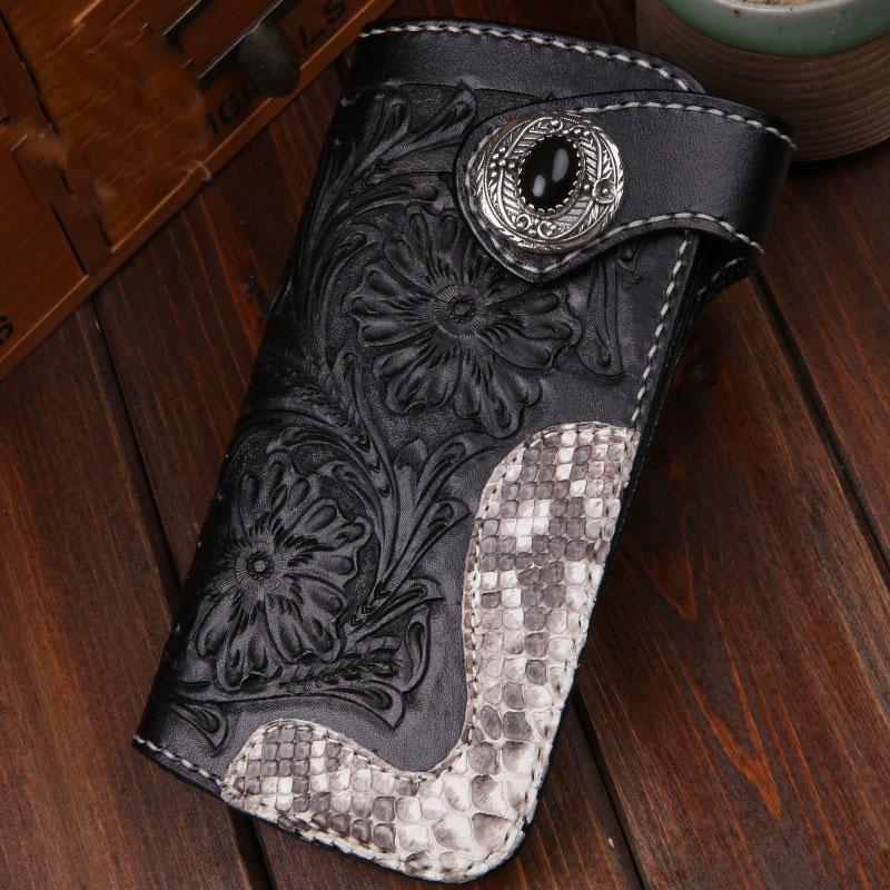 Handmade Leather Mens Cool Black Obsidian Chain Wallet Biker Trucker Wallet with Chain - imessengerbags