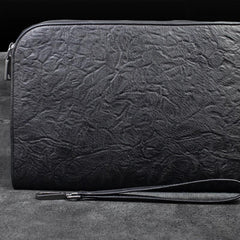 Handmade Leather Black Mens Clutch Cool Slim Wallet Zipper Clutch Wristlet Wallet for Men