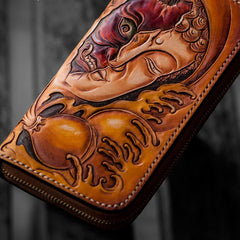 Handmade Leather Mens Clutch Wallet Cool Buddha&Demon Tooled Wallet Long Zipper Wallets for Men - imessengerbags