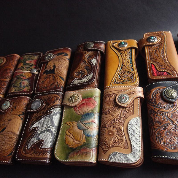 Tooled Handmade Leather Mens Long Biker Wallets Chain Wallet Biker Chain Wallets For Men