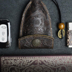 Handmade Leather Floral Mens Cool Car Key Wallet Coin Wallet Pouch Car KeyChain for Men - imessengerbags