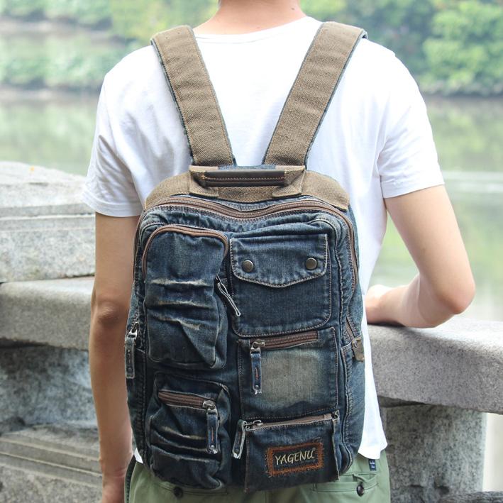 denim and leather backpack Vintage Denim Backpack Womens Denim Backpacks Mens 14 inches Denim Backpack Denim Backpack Purse